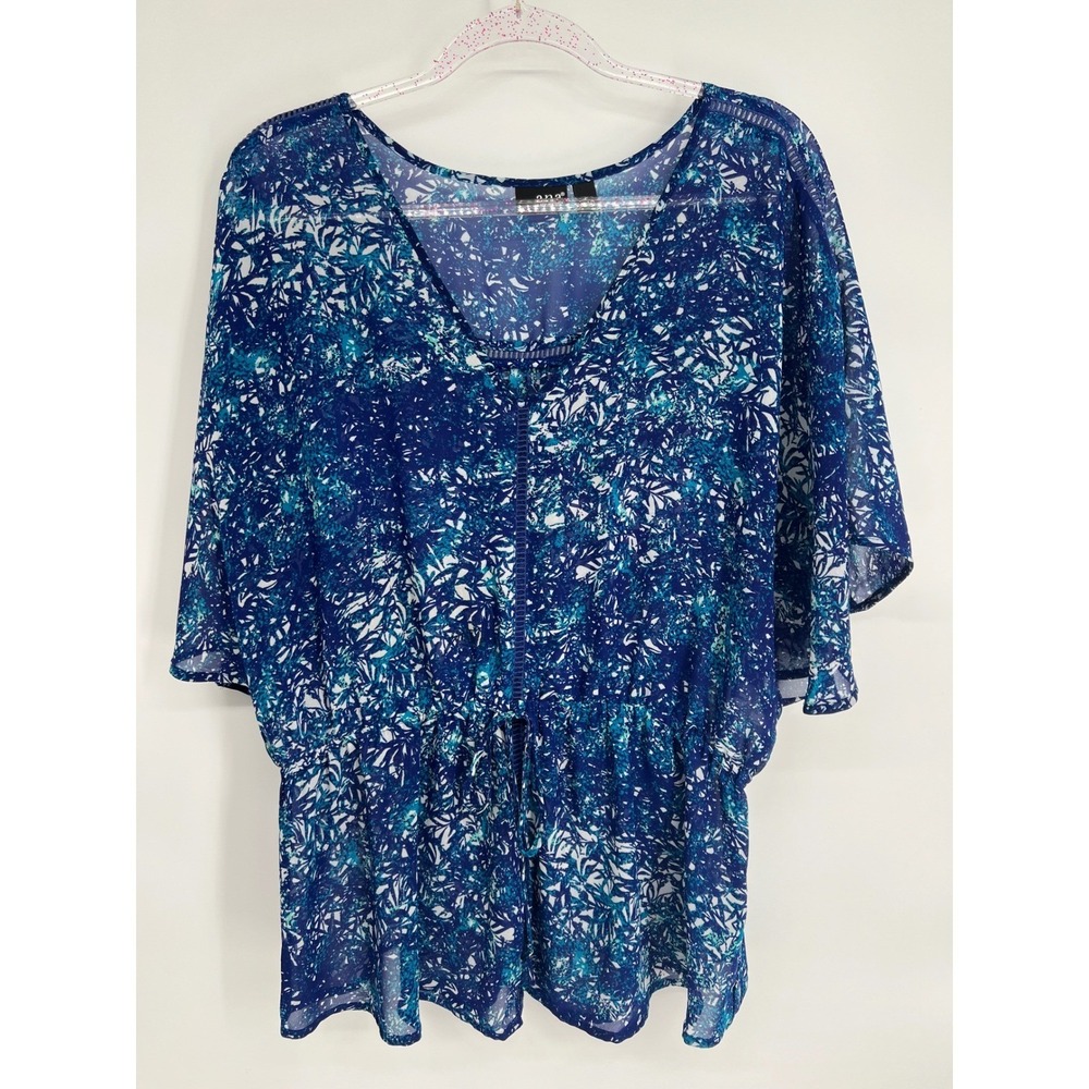 a.n.a Floral Print Blouse Sheer Flowy Top V Neck Blue Teal Size Medium